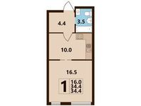 Планировка 1-комнатной квартиры, 34,44 м2