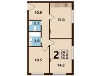 Планировка 2-комнатной квартиры, 56,78 м2