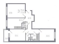 Планировка 3-комнатной квартиры, 77,5 м2