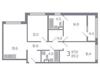 Планировка 3-комнатной квартиры, 89,2 м2