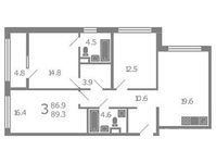 Планировка 3-комнатной квартиры, 89,3 м2