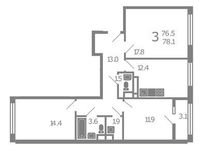 Планировка 3-комнатной квартиры, 78,1 м2