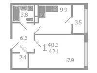 Планировка 1-комнатной квартиры, 42,1 м2