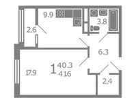 Планировка 1-комнатной квартиры, 41,6 м2