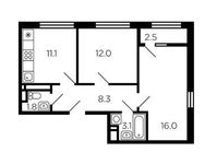 Планировка 2-комнатной квартиры, 53,6 м2