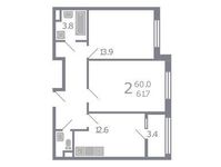 Планировка 2-комнатной квартиры, 61,7 м2