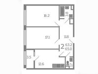 Планировка 2-комнатной квартиры, 65 м2