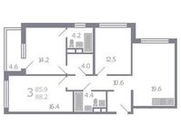 Планировка 3-комнатной квартиры, 88,2 м2