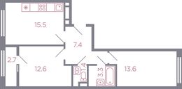 Планировка 2-комнатной квартиры, 55,2 м2