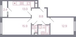 Планировка 2-комнатной квартиры, 56,8 м2