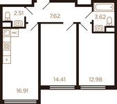Планировка 2-комнатной квартиры, 58,05 м2