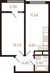 Планировка 2-комнатной квартиры, 41,3 м2