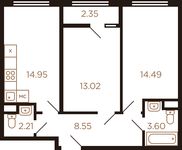 Планировка 2-комнатной квартиры, 58,25 м2