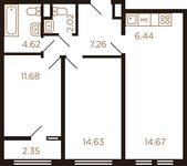 Планировка 3-комнатной квартиры, 60,6 м2