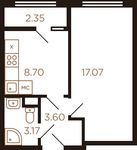 Планировка 1-комнатной квартиры, 34,89 м2