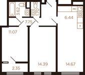 Планировка 3-комнатной квартиры, 61,99 м2
