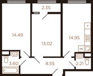 Планировка 2-комнатной квартиры, 59,17 м2