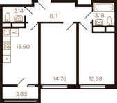 Планировка 2-комнатной квартиры, 53,7 м2