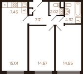Планировка 3-комнатной квартиры, 66,04 м2