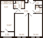 Планировка 3-комнатной квартиры, 63,88 м2