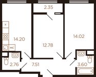 Планировка 2-комнатной квартиры, 56,22 м2