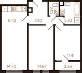Планировка 3-комнатной квартиры, 64,01 м2