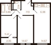 Планировка 3-комнатной квартиры, 59,7 м2