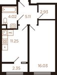Планировка 1-комнатной квартиры, 41,14 м2