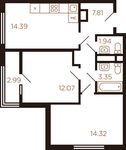 Планировка 2-комнатной квартиры, 56,87 м2