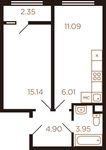 Планировка 2-комнатной квартиры, 42,89 м2