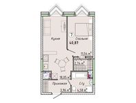 Планировка 1-комнатной квартиры, 40,87 м2