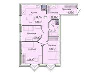 Планировка 3-комнатной квартиры, 64,54 м2