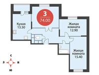 Планировка 3-комнатной квартиры, 74 м2