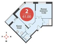 Планировка 2-комнатной квартиры, 61 м2