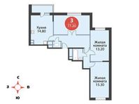 Планировка 3-комнатной квартиры, 77,2 м2
