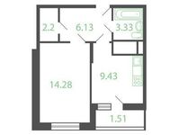 Планировка 1-комнатной квартиры, 34,52 м2