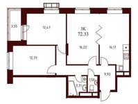 Планировка 3-комнатной квартиры, 72,33 м2