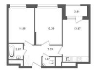 Планировка 2-комнатной квартиры, 51 м2