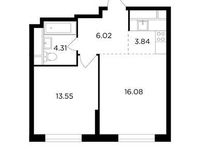 Планировка 2-комнатной квартиры, 43,66 м2