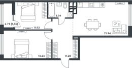 Планировка 2-комнатной квартиры, 65,76 м2