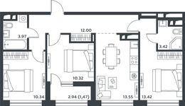Планировка 3-комнатной квартиры, 67,65 м2