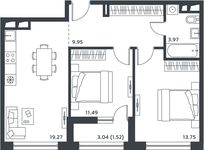 Планировка 2-комнатной квартиры, 59,27 м2