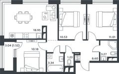 Планировка 3-комнатной квартиры, 68 м2