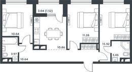 Планировка 3-комнатной квартиры, 67,29 м2