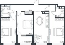 Планировка 3-комнатной квартиры, 88,54 м2