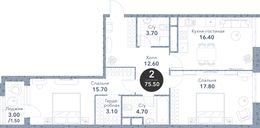 Планировка 2-комнатной квартиры, 75,5 м2