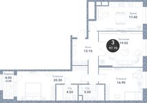 Планировка 3-комнатной квартиры, 97,7 м2