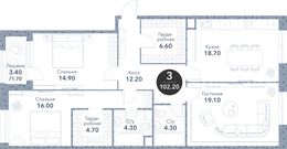 Планировка 3-комнатной квартиры, 102,2 м2