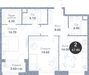 Планировка 2-комнатной квартиры, 67,8 м2