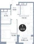 Планировка 1-комнатной квартиры, 43,5 м2